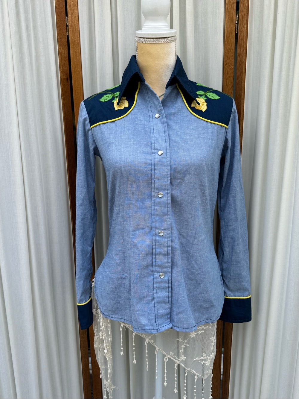 OOAK Homemade Western Shirt with Embroidered Yellow Roses